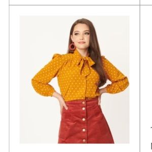 Mustard and White Heart Button Up Blouse